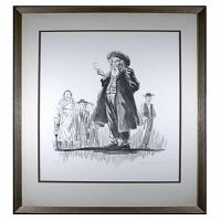Frontal image of the framed black and white pencil and charcoal print sketch of an older man smoking with background figures, signed and numbered.
