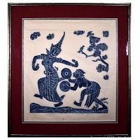 Front view of framed temple rubbing artwork showing blue ink design on rice paper with burgundy matte and dark frame.