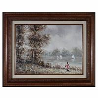 Frontal view of the original acrylic painting showcasing a Victorian girl by a lake with sailboats in a pointillism style, framed.