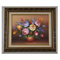 Front view of the original acrylic floral still life painting by Robert Cox showing colorful flowers in a vase with a mid-century crackled frame.
