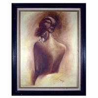 Frontal view of the framed acrylic painting portraying the back of a woman with warm toned background and signature 'Meg'.