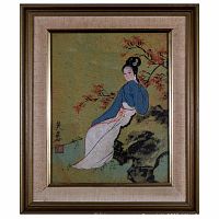 Front view of the framed original painting depicting a seated woman next to Japanese maple tree, signed and stamped by unknown artist.