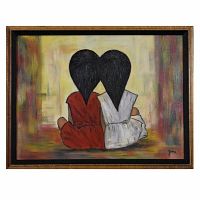 Front view of the framed acrylic painting showing two girls with heart-shaped hair in red and white dresses, with impressionist color blending background.