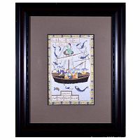 Framed Persian batik artwork showing a boat with figures and fish falling from the sky, bordered with traditional decorative motifs.