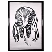 Frontal photo of the framed original charcoal artwork titled 'Sulky Dawg' showing the minimalist black and white design of a sad looking dog. The artwork is on white fiber paper with signature in the bottom right corner.