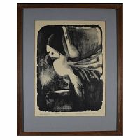 Full front view of the framed ink drawing showing the abstract bird figure in black ink on light paper with a gray mat and wooden frame.