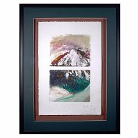 Front view of framed original mixed media painting with two painted abstract sections on heavy fiber paper in matted shadow-box frame.