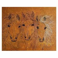 Front view of original mixed media painting on canvas showing three horse heads on orange background with textured and splatter paint style detail