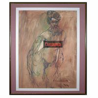 Frontal view of the original mixed media artwork depicting an abstract woman figure in earth tone colors with warm oranges and browns. The figure is stylized with sketch lines, presented in a mauve mat and gold frame.