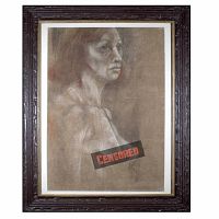 Full frontal view of the framed abstract woman portrait artwork by Marion E. Mitchel-McKay, showing the warm earth tone colors and visible texture of the piece, with the frame in a dark brown thick painted style.