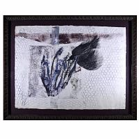 Front view of the framed original monoprint artwork showing raven in flight over wire mesh pattern on textured paper with exposed edges, in decorative dark frame under glass.