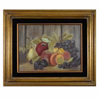 Frontal photo showing the oil painting in its gold wooden late mid-century style frame with black matte border, depicting still life fruit arrangement with apples, grapes, pear, peaches, and blackberries.