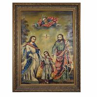 Front view of framed oil painting showing the Holy Family and Holy Trinity in traditional religious style.