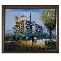 Frontal view of framed colorful oil painting showing Notre Dame Cathedral with several people walking in the foreground and a tall tree on the right side.
