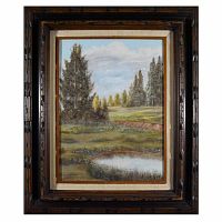 Front view of the framed oil painting depicting a pond, trees, and flowers in a natural landscape.