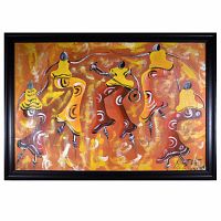 Bright, lively Jamaican folk art style oil painting showing musician and four dancing women in warm hues, framed in black wood frame.