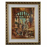 Framed view of colorful oil painting depicting a Naples street market under an archway with multiple figures and market stalls.