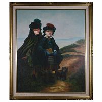 Front view of the original oil painting showing two Victorian children and small dog on coastal path, framed in gold ornamental frame.
