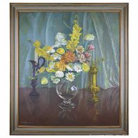 Front view of the framed oil painting showing flowers in a glass vase, brass grinder, and candleholder.