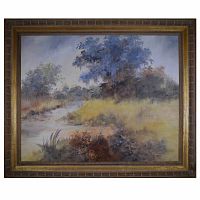 Front view of the original oil painting showing a Louisiana Bayou landscape with a foggy impressionistic style and wooden frame.