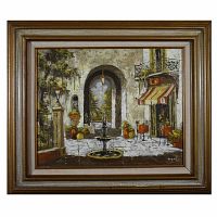 Front view of original oil painting by Myrl D'Arcy showing French Quarter scene with mid-century wooden and cloth frame.