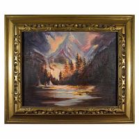 Front view of the original oil painting of Indigenous tipis with a large mountain and autumn trees, in a carved gold-tone frame.