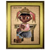 Frontal view of the original oil painting on burlap showing a young Hispanic girl holding a lollipop seated at a school desk. Painting is signed 'Jose M. de Servin' in upper left.