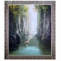 Front view of framed oil painting signed Kim K.S., showing a narrow river with bamboo fishermen and rocky cliffs, framed in a distressed light wood frame.