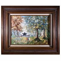 Frontal view of the original oil painting showing a carousel in a fall park with people and trees, signed Morlink, in an ornate wooden frame