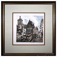 Frontal view of the original signed pencil rendering of Rothenburg ob Tauber in wooden frame with matting and glass.