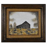 Front view of framed watercolor painting of an old barn in prairie with stormy clouds, featuring burlap mat and wooden frame.