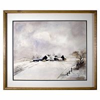 Frontal image of the original watercolor painting depicting a snow-covered farmhouse in winter, behind glass in a simple gold-toned frame with white matting.
