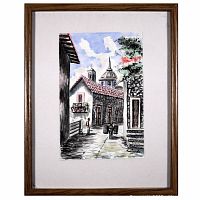 Front view of framed watercolor painting showing a town street, a mule carrying a load, buildings, and a cathedral dome with blue sky and clouds.