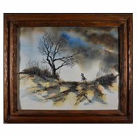 Front view of framed original watercolor painting showing southwestern cowboy on horse with stormy sky, barren tree, and winter landscape details.