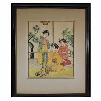 Front view of framed woodblock print showing three Geishas in traditional attire with signature A. Covelli visible
