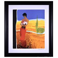 Frontal photo of the framed lithograph artwork showing the colorful image of a woman in red dress holding flowers with a black frame.