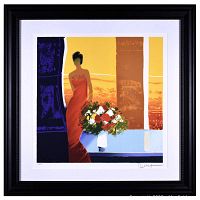Front view of the framed lithograph print showing the woman in red dress and floral arrangement with vibrant abstract background colors in black frame.