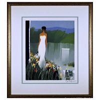 Frontal view of the framed lithograph depicting a standing woman in a white dress in a garden setting. Shows bright, bold colors and clear signature at bottom right.
