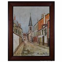 Frontal photo of the framed canvas print depicting Eglise de Stains by Maurice Utrillo showing the artwork and wooden frame.