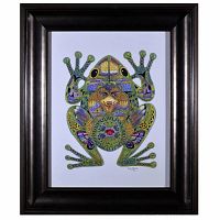 Front view of the framed print showing a colorful frog spirit animal image with intricate designs and signature.