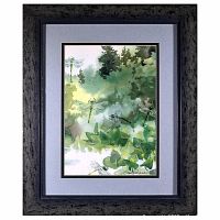 Framed watercolor print of dragonflies signed by Val Persoon with black frame and double mat.