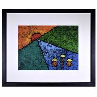 Frontal photo of the framed silkscreen print showing three figures walking west into the sunset with colorful textured fields and a red sun.
