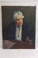 Front view of the oil on canvas painting of an elderly woman with white hair, dark jacket, and blue pendant, showing the portrait in detail.