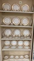Five-shelf display showing assorted plates of varying sizes and cups.