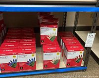 Boxes of At Home brand mini lights on a metal shelving unit. Different colors visible including blue and clear. Each box contains 100 lights.