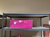 Pink boxed set of Our Generation wooden wardrobe for 18-inch dolls on metal shelf