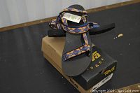 Pair of women's Teva sandals placed on and against original Teva branded shoebox.