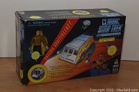 Box front showing the Classic Star Trek Galileo Shuttlecraft with Captain Kirk action figure, including graphics of Spock, Kirk, and McCoy.