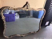 Front view of full mirror showing carved wood frame and reflective surface