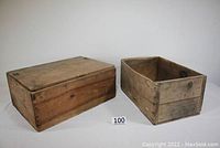 Two vintage wooden boxes side by side on a white background; one box is closed with a hinged lid and the other is open without a lid.